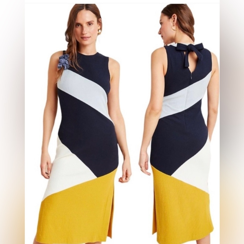 Anthropologie Hutch Lena Colorblocked Knit Midi Dress Black Gold Petite Small